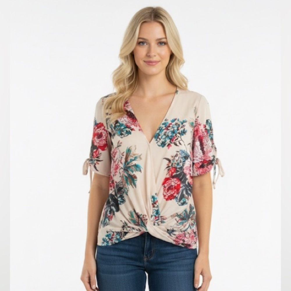Womens Tan, Pink, Red and Blue Floral slit sleeve Hi-Low Top/Blouse/Shirt